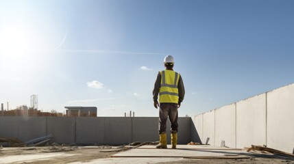 Confident Head Civil Engineer-Architect in is Standing Outside with His Back to Camera in a Construction Site on a Bright Day. Man is Wearing a Hard Hat, Shirt and a Safety Vest.