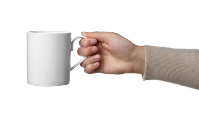 Woman holding mug on white background, closeup