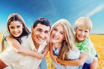 Fototapeta premium Happy family with children running on nature background