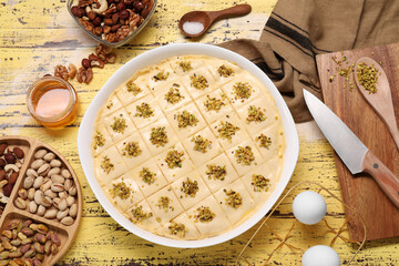 Making delicious baklava. Raw dough with ingredients on yellow wooden table, flat lay