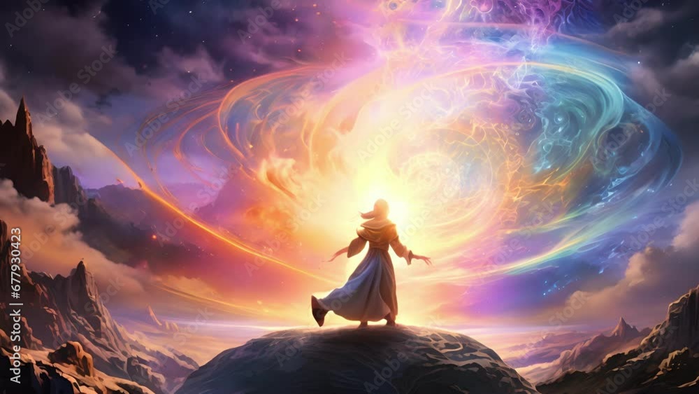 Poster a powerful mage stands amidst a swirl of rainbow colored light transforming the environment around t