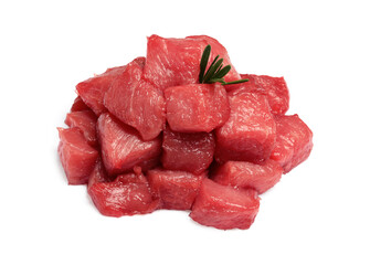 Pieces of raw beef and rosemary isolated on white