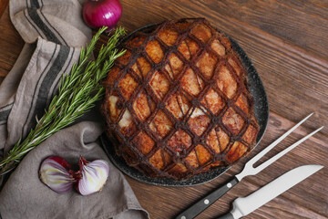 Delicious baked ham served on wooden table, flat lay