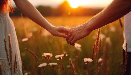 couple holding hands in the field, love