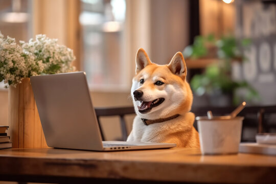 Shiba inu dog sitting attentively in front of a laptop at wooden desk. Created with Generative AI technology