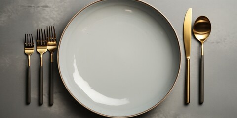 white porcelain dinner dishes and fork on a gray background, in the style of dark gold and dark beige, generative AI - obrazy, fototapety, plakaty