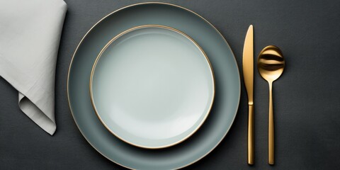 white porcelain dinner dishes and fork on a gray background, in the style of dark gold and dark beige, generative AI