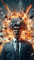 A businessman with a fiery explosion emanating from his head, symbolizing intense stress, mental strain, or mental health issues, depicting a mind-blowing, explosive scenario.