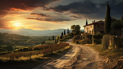 Foto op Plexiglas Sunset in region country. Beautiful landscape of Tuscany in spring, summer. Travel, vacation concept. Green hills with river and pine trees.  © Oleksandra