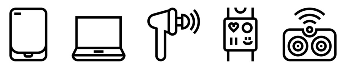 Conjunto de iconos de dispositivos inteligentes. Tecnología. Teléfono móvil, laptop, auriculares inalámbricos, reloj inteligente, altavoces de conexión. Ilustración vectorial