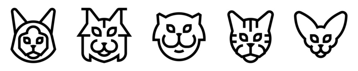 Conjunto de iconos de razas de gatos. Animales domésticos, mascota. Siamés, maine coon, persa, bengalí, sphynx. Ilustración vectorial
