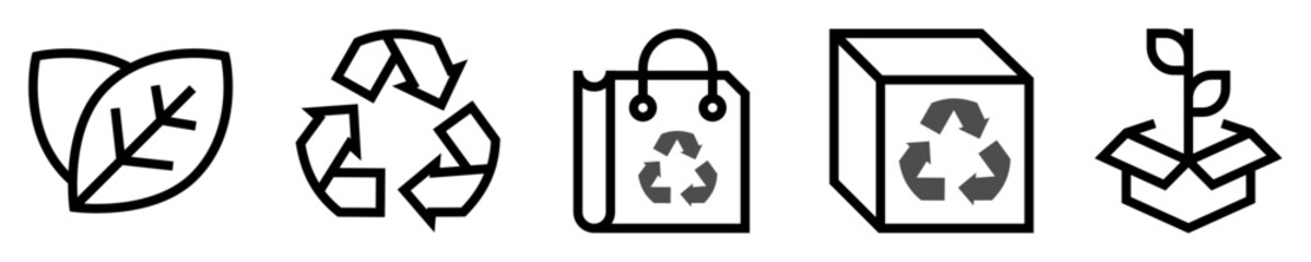 Conjunto de iconos de embalaje ecológico. Ecología, reciclar, reutilizar. Hoja verde, bolsa reutilizable, flechas de reciclaje, árbol en caja. Ilustración vectorial - obrazy, fototapety, plakaty