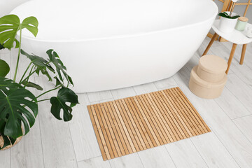 Stylish bathroom interior with bath tub, houseplant and bamboo mat