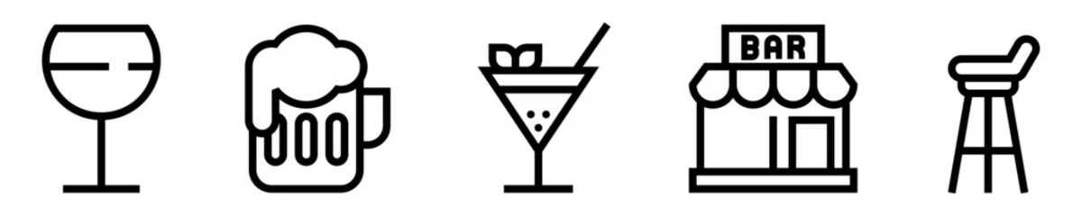 Conjunto de iconos de bar. Bebidas alcohólicas. Copa de vino, cerveza, cóctel, tienda de bar, taburete. Ilustración vectorial