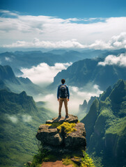 Man standing on top of a mountain, admiring the breathtaking view of valley. Created with Generative AI technology