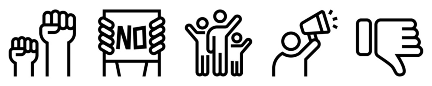 Conjunto de iconos de protesta. Expresi&oacute;n social, desacuerdo, manifestaciones. Pu&ntilde;os arriba, cartel, manifestantes marchando, persona con meg&aacute;fono, pulgar abajo. Ilustraci&oacute;n vectorial