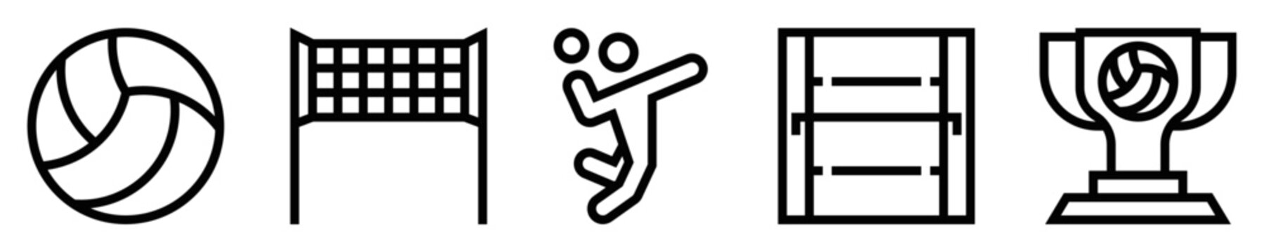 Conjunto de iconos de voleibol. Deporte. Bal&oacute;n, red de campo de juego, jugador, cancha, trofeo de campeonato. Ilustraci&oacute;n vectorial