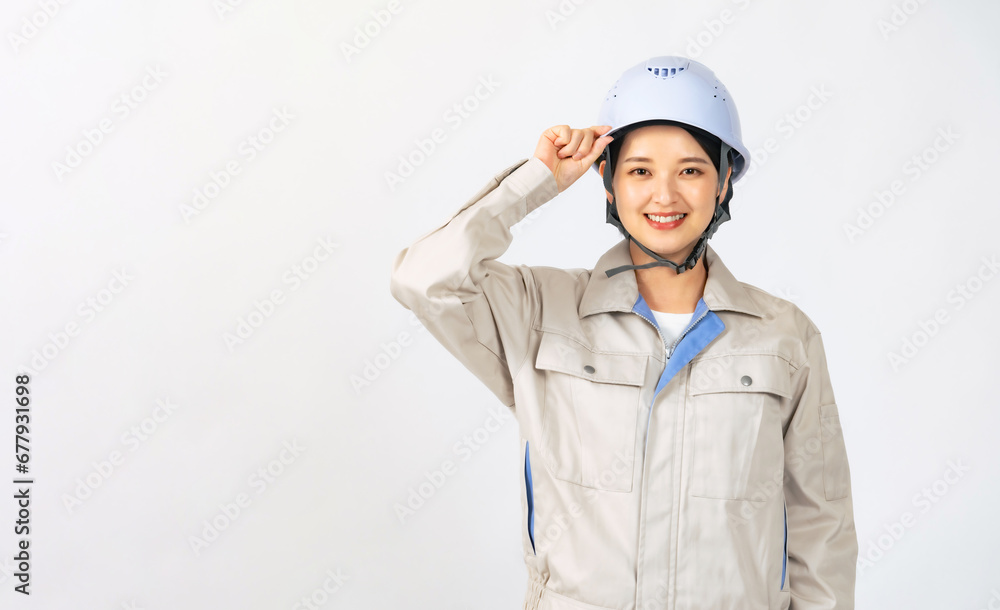 Aufkleber 挨拶するヘルメットと作業服を着た女性　作業員　エンジニア　切り抜き背景透過png