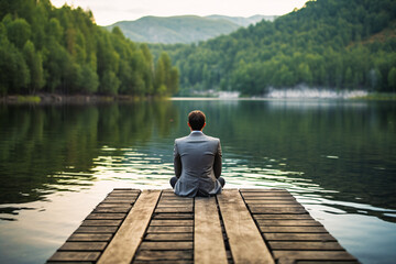 Man in suit sitting on a dock gazing at the calm water of a serene lake. Created with Generative AI technology