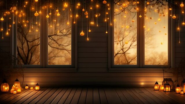 A whimsical Halloween background presenting a charming porch adorned with flickering orange string lights. The soft glow radiating from the windows complements the product, creating an