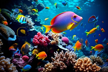 Fototapeta na wymiar coral reef in the sea. Colorful tropical fish and coral reef in the ocean. Scuba diving and marine life background. 