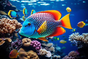 coral reef in the sea. Colorful tropical fish and coral reef in the ocean. Scuba diving and marine life background. 