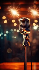 A microphone in focus at an open mic night, prominently positioned up front with curtains or a blurred background, capturing the essence of a live performance.