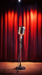 A microphone in focus at an open mic night, prominently positioned up front with curtains or a blurred background, capturing the essence of a live performance.