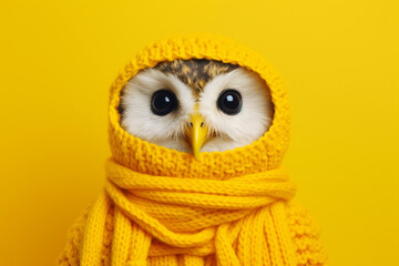 funny colorful owl in warm clothes 