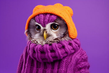 Obraz premium funny colorful owl in warm clothes 