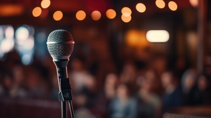 A microphone in focus at an open mic night, prominently positioned up front with curtains or a blurred background, capturing the essence of a live performance.