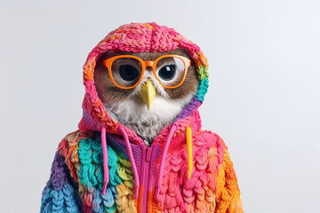 funny colorful owl in warm clothes - obrazy, fototapety, plakaty