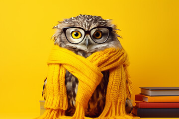 funny owl in warm clothes and glasses with books on yellow background