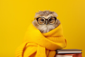 funny owl in warm clothes and glasses with books on yellow background