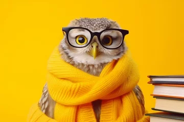 Foto op Canvas funny owl in warm clothes and glasses with books on yellow background © RJ.RJ. Wave