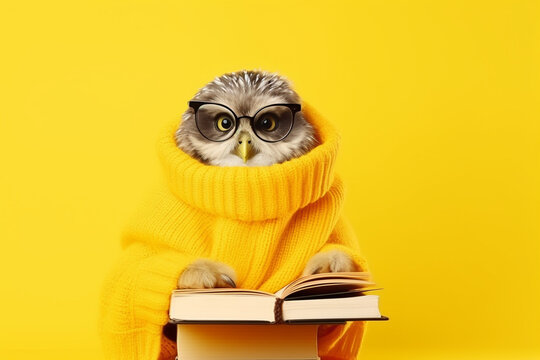 funny owl in warm clothes and glasses with books on yellow background