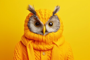 funny owl in warm clothes on yellow background with copy space