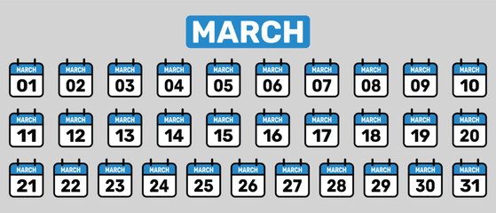 Vector Calendar all March set illustration background design. - obrazy, fototapety, plakaty
