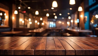 Empty wooden table and blurred background of hall of stage bar or cafe with bokeh lights.