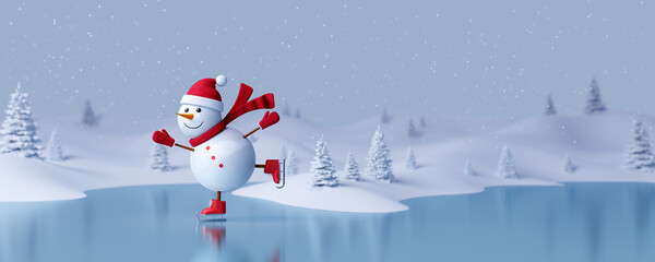 Snowman with ice skates on frozen lake in winter landscape 3d render 3d illustration - obrazy, fototapety, plakaty