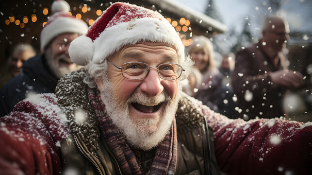 A snowy celebration: a lively group of over - 65 friends capturing the warmth of winter festivities against the backdrop of a countryside house adorned with festive decorations.