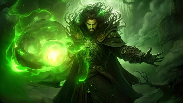 A powerful druid radiates an aura of soothing green light as they manipulate primordial energies in the air around them crafting clouds of dancing fire and frost from the four elements.