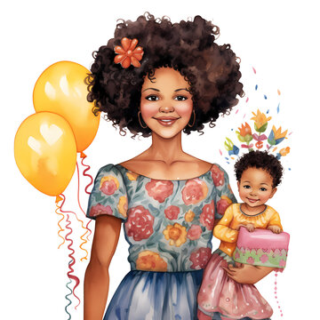 Cute Birthday Mother African American Watercolor Clipart Illustration