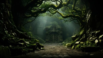 Fototapeta premium the door in dark forest at night