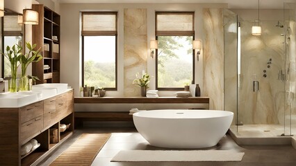 Fototapeta na wymiar A bathroom with a spa-like atmosphere, natural materials, and soft lighting.