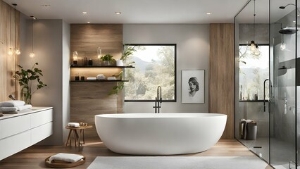 Fototapeta na wymiar bathroom with a freestanding tub, a frameless glass shower, and wall-mounted vanities with LED mirrors.