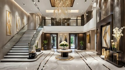 an entrance hall with a double-height ceiling, a statement art piece, and a cascading waterfall feature.