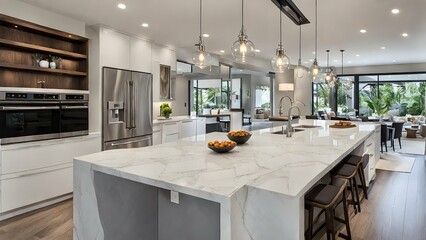 A sleek kitchen with a waterfall edge island, pendant lights, and built-in smart appliances.