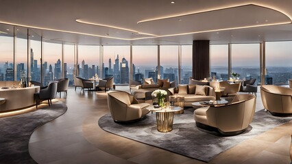 A VIP lounge with bespoke furniture, a champagne bar, and panoramic views of the city skyline.