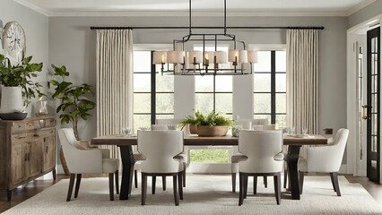 dining room featuring a rustic farmhouse table, upholstered dining chairs, and a statement chandelier.